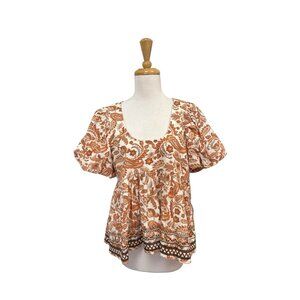 NEW By Anthropologie Puff Sleeve Babydoll Blouse Size L Large Paisley